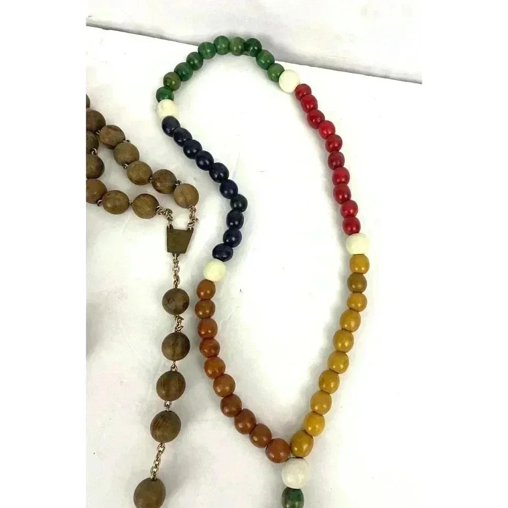 VTG Pair Wooden Rosaries Bronze Colorful‎